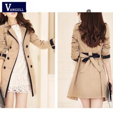 Vangull Trenchcoat für Damen Mode ab Kragen zweireiher gegensatz Farbe lange Mäntel und Grösse casaco