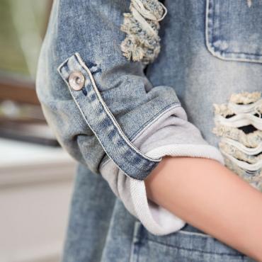 Damen im Herbst im Frühjahr OberBekleidung Mantel lässig Lockere Denim Strasse Jacke loch Jean Vintage Mäntel Button