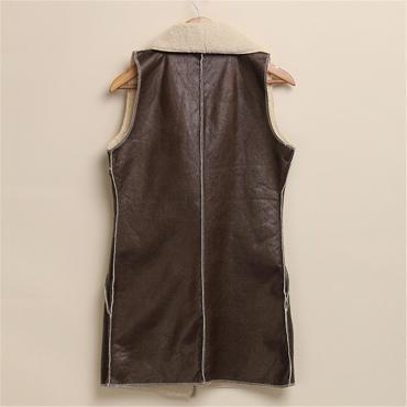 heißes Verkauf Winter Damen Lady FreiZeit Mode warm Faux Pelzkragen Weste lange Leder Weste braune Jacke