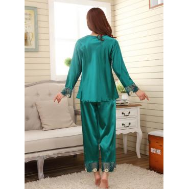 neuer Stil Damen Seidenpyjama Setzt Frühjahr Sommer Design eleganter Spitze Bestickt weibliche Satin Pyjama Rot