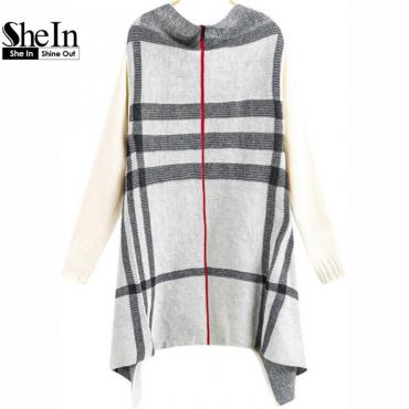 Mode Frühling & schejin Strickwaren Damen Marke lange Stricken Pullover lässig Cape Weissen Langarm karierte