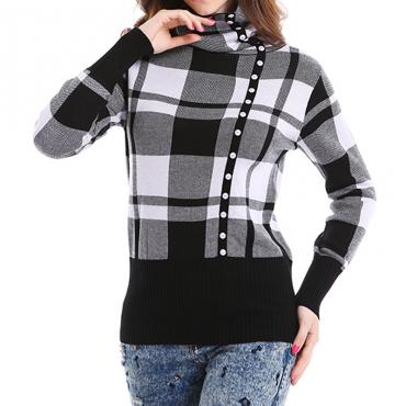 Herbst Rollkragen karierten aus Winter Damen Pullover schrägen Button Damen Lockere Pullover Pullover Hemd