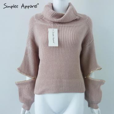 simplee Bekleidung Rollkragen Pullover offene reißverschluss Ärmel aus warmen Pulli Damen Herbst Winter Mode Tricot