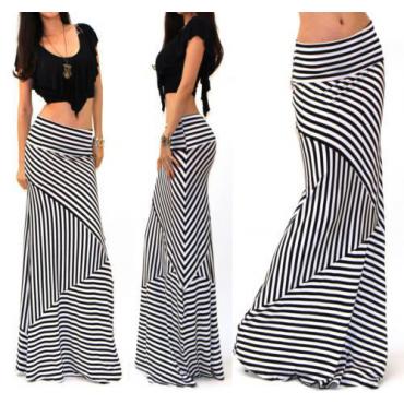 Damen asymmetrische hohe Taille Gestreiften zusammenschrumpfen Strecke lange Maxi Rock und Grösse