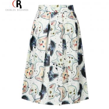 Damen hohe Taille casual Skater süße Katze Animal Prints Rock 3 Farben Frühjahr Sommer Mode