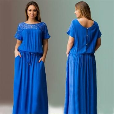 kurze Ärmel Spitzen Sommerkleid Grosse Grössen neuen Damen Sommer plus Size lange Kleid Maxi Jahrgang Vestidos