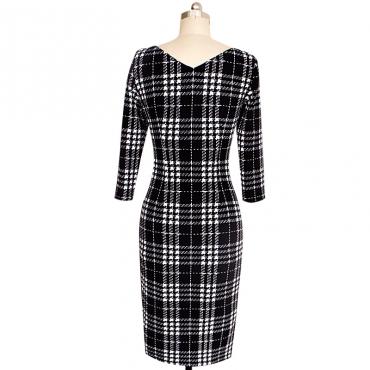 vfemage neuen Verkauf Womens elegante Tartan square Hals Rock tragen Business casual Partei Arbeiten sich Stift Scheide