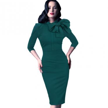 neue Damen elegante 50er oldtimer pinup Rockabilly 3 4 Ärmel Bogen Parteiarbeit Scheide Bodycon wackeln bleistif