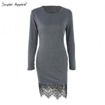 simplee elegante Spitzen Gray Bodycon Kleid Weihnachten Abend Party lange Ärmel Winter Kleid lässig ropa d Damen