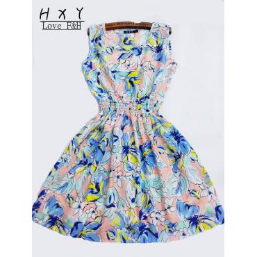 neue Marke Sommer Damen casual Print Ärmellose Kleid Chiffon Streifen Blumenmustern elastischen Bund Böhmischen