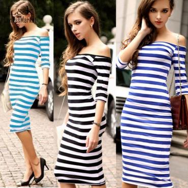 Damen Sommerkleid Lady sexy Hälfte Ärmel Schulter ab Streifen Strecken Bodycon Partykleider Baumwolle ist xl 30 Vestid