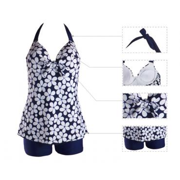 sexy Damen Tankini Set Badehosen Blumenbedrucktes Halter Hals Drücken die Badehose Shorts hat Maillot de Bain Femme