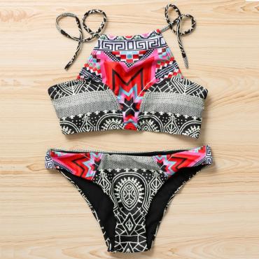 Print Blumen palme Bikini Setzen Halter Pflanzliche Top hängen Hoch Hals Bikinis Set Drücken die Badehosen Damen