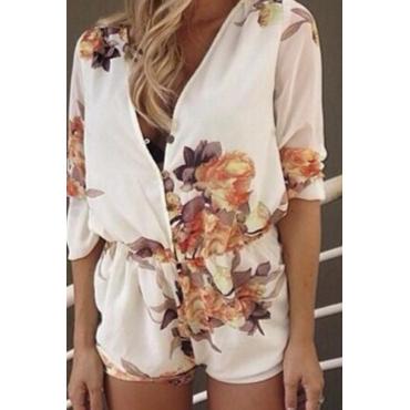 Sommer Overall Frau Print Chiffon Overalls Baumwolle Blume Hals Rompers sexy HochZeit Playsuit mit Button