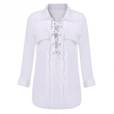 Mode Femininas Womens dreh Kragen Spitzen lange Ärmel Bluse sexy Weissen Chiffon Hemd Tops