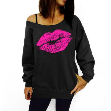 Damen Sweat Shirts sexy Rote Lippen Print überdimensionalen Schulter ab raw Rand weiblich Pullover lange Ärmel Kapuzen