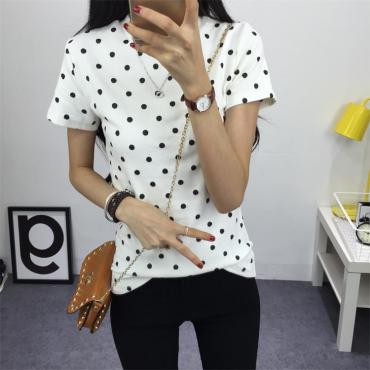 Damen Sommer T Shirt Kleidung Hemd o Hals Polka Gepunktete kurzen Tops Versandkosten