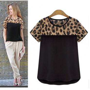 feitong 2 Farben und Grösse 3xl Sommer Damen FreiZeit Kleidung Leopard Patchwork Chiffon T Shirt