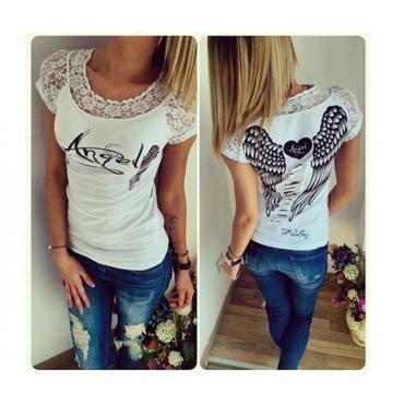 Mode Damen und T Shirt Zurück hohlen Engel flügel T Shirt Sommer Kurzärmelige Tops Frau Spitzen