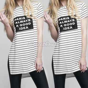 Damen T Shirt Gestreiften T Shirt lässig Seite schreiben ausgedruckt getrennte Lose Tops Summer Style