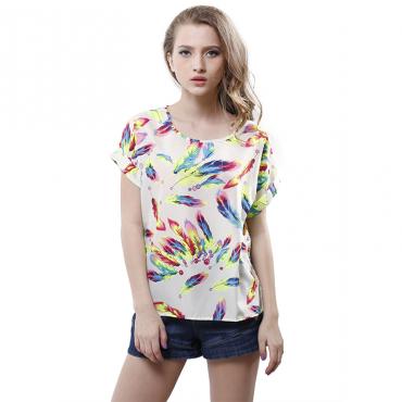 neue Sommer Stil o Hals Vogel gedruckten Damen höchstens bunte kurze Ärmel die T Shirts Batwing Lose Chiffon