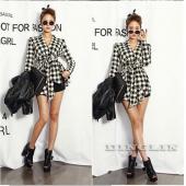 Mode für Damen WinterJacke Mantel lange Ärmel Houndstooth Print Herbst Freizeitkleidung slim gürtel peplum Strickjack