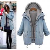 Frühling im Herbst Mantel Damen im Frühjahr neue Mode zwei Stück Vermummte Denim Mantel Tunnelzug Locker Dicke