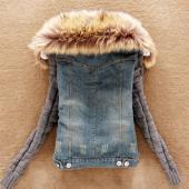 neue Damen Frühling im Herbst kurz Jeans Jacke Damen Winter slim aus Grossen Pelzkragen lamm aus Denim