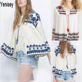 sexy Damen Vintage retro Ethnischen Mode Jacke Damen Bestickten Blauen und Weissen Blumen Print Locker lässig