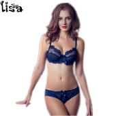 kostenLoser Versand Mode Transparente sexy Büstenhaltersatz plus Size Damen Gaze ultra thin Blau Unterwäsche