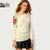 schejin Damen Floraler Stickerei Häkeln asymmetrischen Stricken Pullover Frühjahr aprikosen um den Hals Lose