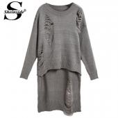 sheinside Winter Strick Pullover Damen Mode Designer Graue lange Ärmel hohl eingetaucht Saum Stricken lange Pullover