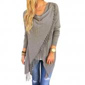 Graue lappen Pullover Damen lange Ärmel Schwarz aus Locker lässig unregelmäßigen Poncho Outwear wrap FRinge Mode boho