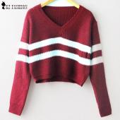 Herbst Gestreiften aus kurzen Pullover Pullover Damen Mode Hals lange Ärmel Locker Strickwaren Koreanischer Stil Top