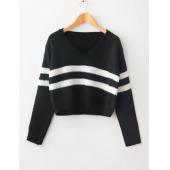 Herbst Gestreiften aus kurzen Pullover Pullover Damen Mode Hals lange Ärmel Locker Strickwaren Koreanischer Stil Top