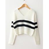 Herbst Gestreiften aus kurzen Pullover Pullover Damen Mode Hals lange Ärmel Locker Strickwaren Koreanischer Stil Top