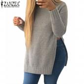 Herbst Damen lange Ärmel o Hals aufgeschlitzt Pullover lässig Lockere Seite lange höchstens solide