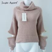simplee Bekleidung Rollkragen Pullover offene reißverschluss Ärmel aus warmen Pulli Damen Herbst Winter Mode Tricot