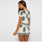 Damen 2 Stück Drucken hat Sommer Outfits o Hals kurze Ärmel Pflanzliche Top und Shorts Setzt