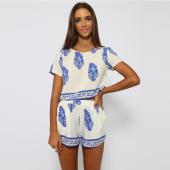 Damen 2 Stück Drucken hat Sommer Outfits o Hals kurze Ärmel Pflanzliche Top und Shorts Setzt