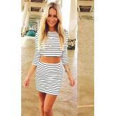 heißes Verkauf neue Damen Freizeitkleidung Schwarz Gestreiften legt lange Ärmel Pflanzliche Top Miniröcke Damen