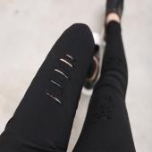 hohe elastische Mode Baumwolle Womens Schwarze hohe Taille zerrissenen Jeans Riss loch Knie Dünnen BleiStift Hose slim