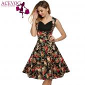 acevog sexy 50er Lady Eleganten Damen hohe Taille mit zwei Lockere Party Hals Fester Midi gefalteten Kleid Feminin