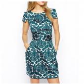 Damen Grüne royal Print Kleid Vestido Feminino de Festa Vintage kurze Ärmel casual Marke Kleid und Grösse