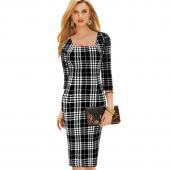 vfemage neuen Verkauf Womens elegante Tartan square Hals Rock tragen Business casual Partei Arbeiten sich Stift Scheide