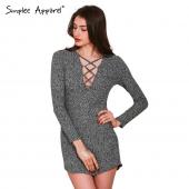 simplee Bekleidung Holzkohle Damen Winter Strickkleid lange Ärmel Hals Lace up Pullover Kleid lässig Bodycon Kleid