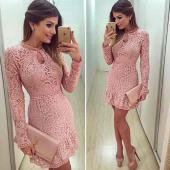 Mode neue Damen Bodycon Kleid elegant Rosa Spitzen Kleid lässig lange Ärmel o Hals Kleider