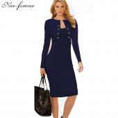 schön ewig Winter lange Ärmel knöpfe office Business Kleid elegant und Grösse Damen Vintage pinup Bodycon Bleistift