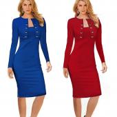 schön ewig Winter lange Ärmel knöpfe office Business Kleid elegant und Grösse Damen Vintage pinup Bodycon Bleistift