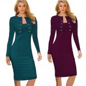 schön ewig Winter lange Ärmel knöpfe office Business Kleid elegant und Grösse Damen Vintage pinup Bodycon Bleistift